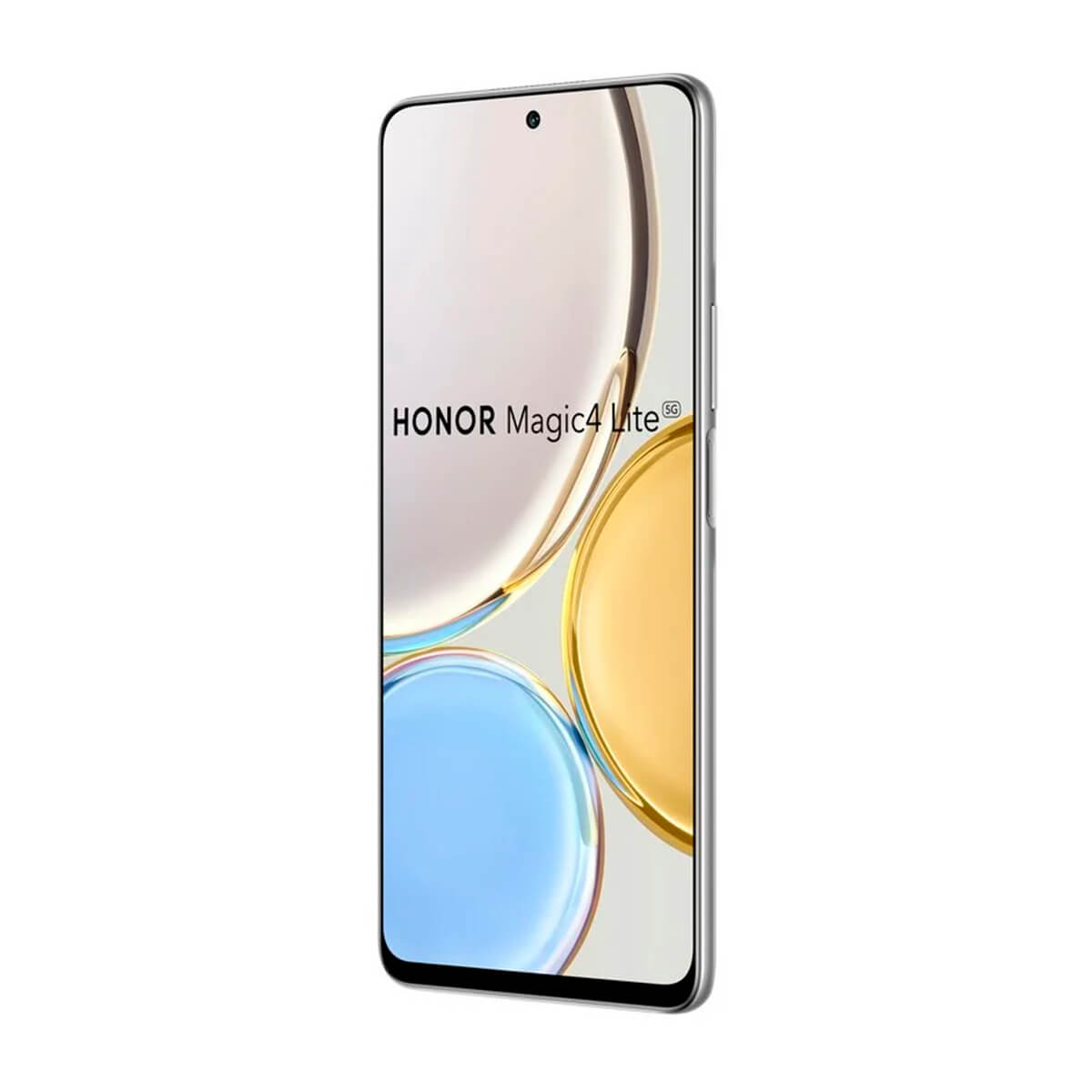 Srebrny smartfon Honor Magic4 Lite z kolorowym tłem wyświetlanym na ekranie.