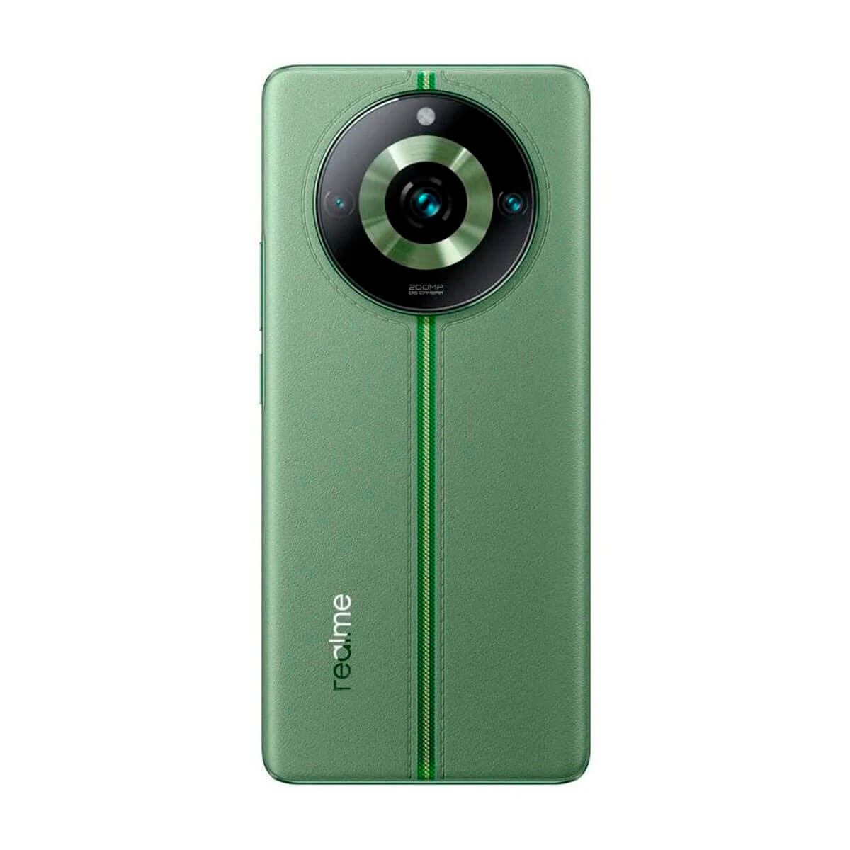 Smartphone vert avec module caméra circulaire et bande verticale.
