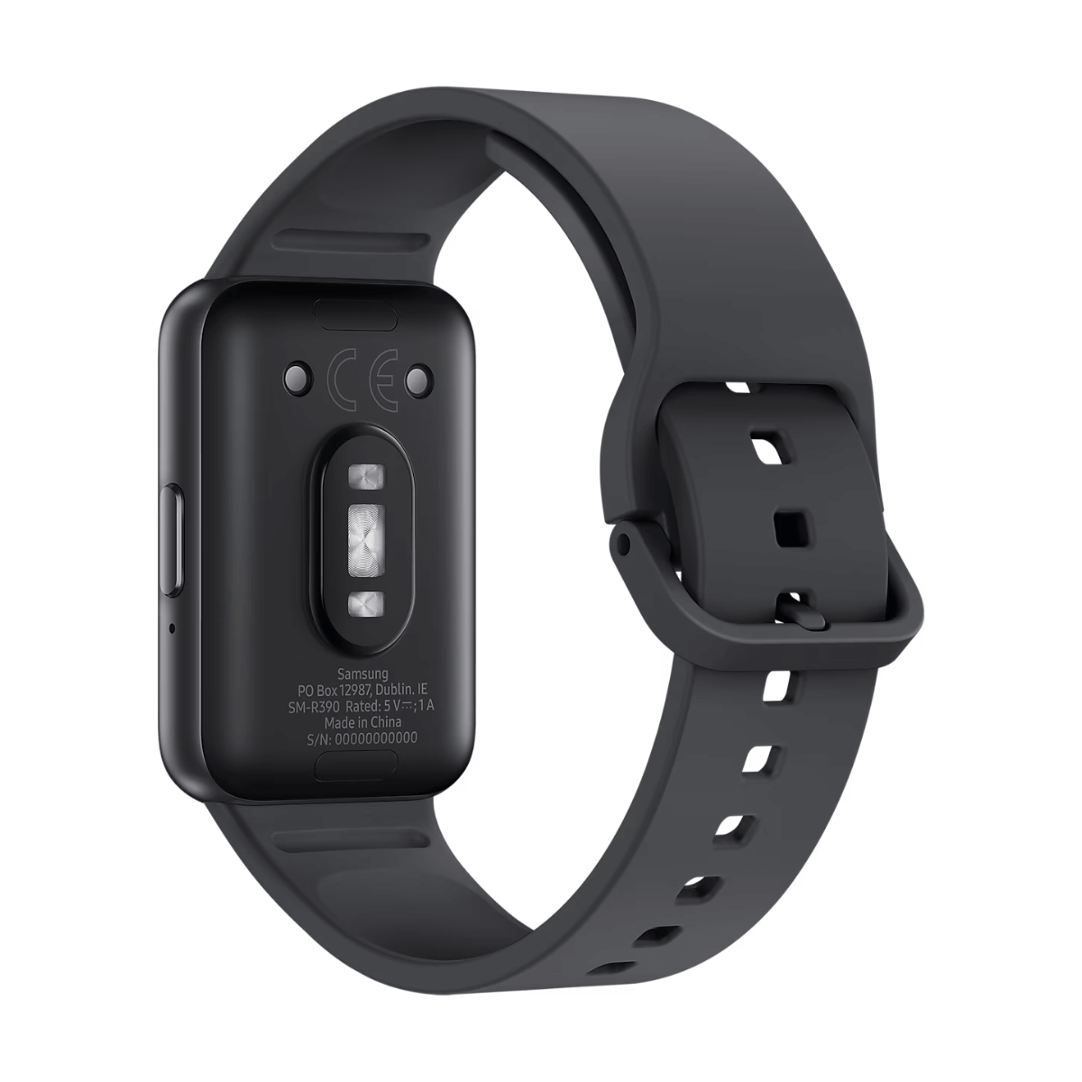 Achterkant van een donkergrijze smartband met sensoren en Samsung-branding.