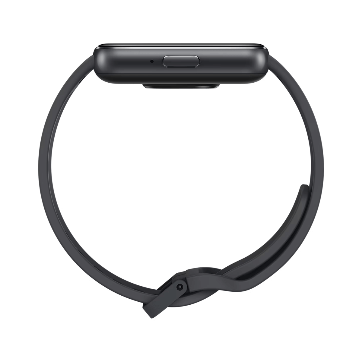 Donkergrijs smartwatch met zwart bandje, zij-aanzicht.