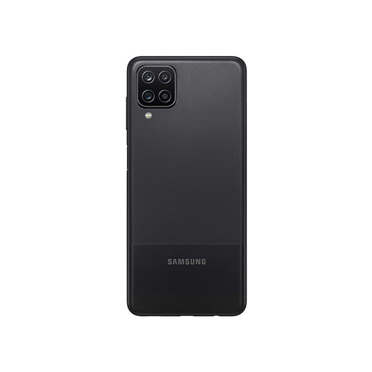 Achterkant van een zwarte Samsung smartphone met vier camera's en textuur.