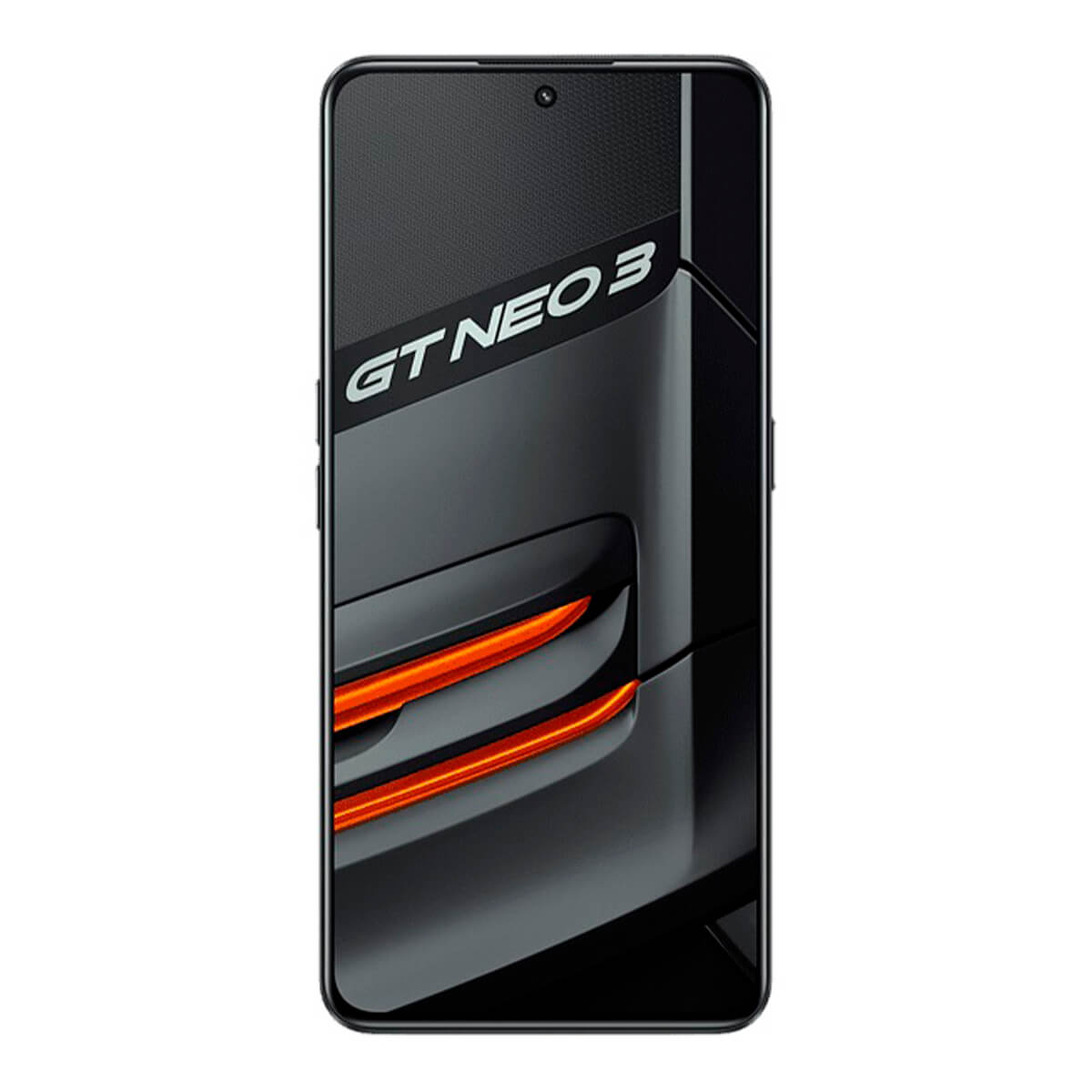 Ein schwarzes Smartphone mit dem Text GT NEO 3 und orangen Akzenten.