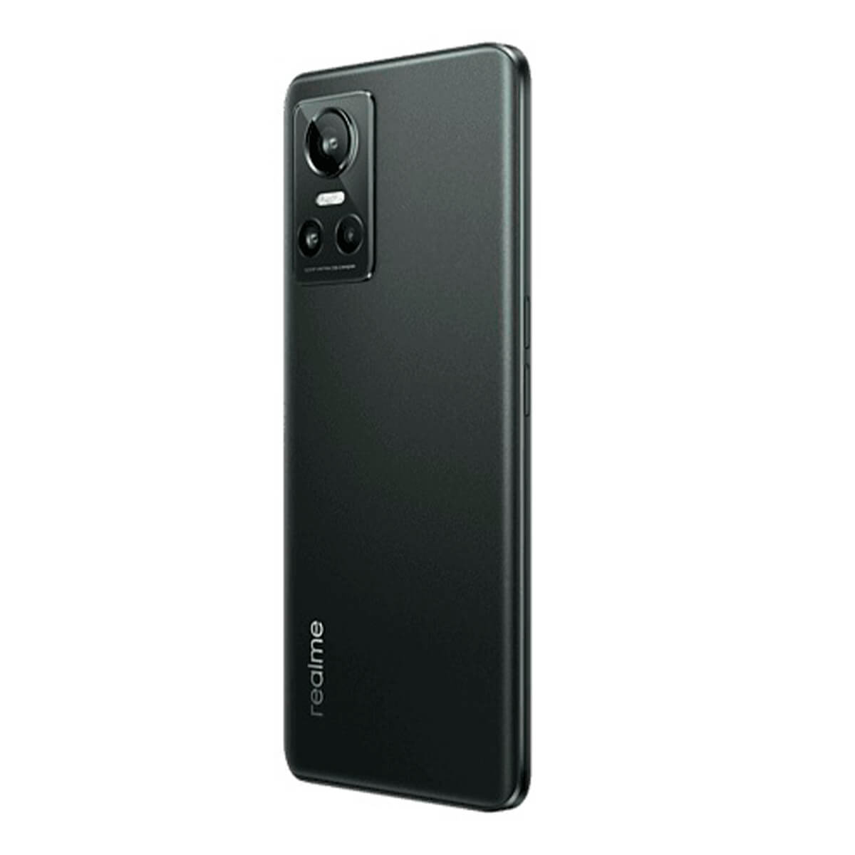 Rückseite eines schwarzen Realme Smartphones mit drei Kameras und Logo.