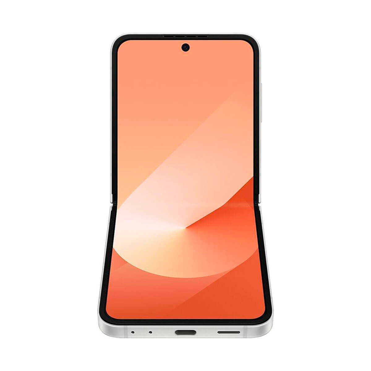 Ein geöffnetes silbernes Smartphone mit einem orangen Hintergrund auf dem Bildschirm.