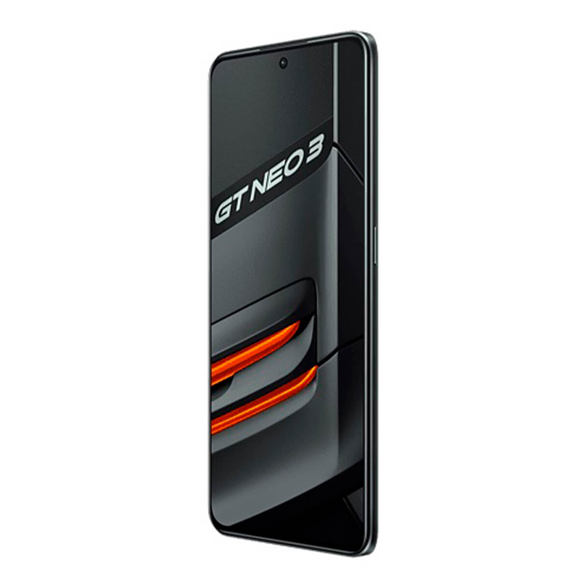 Ein schlankes, dunkles Smartphone mit dem Text "GT NEO 3" und orangen Akzenten.