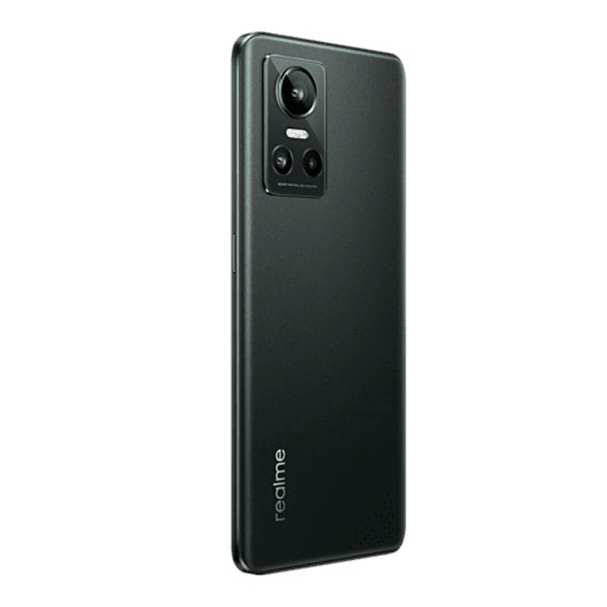 Rückseite eines schwarzen Smartphones mit Realme-Logo und Kameralinsen.
