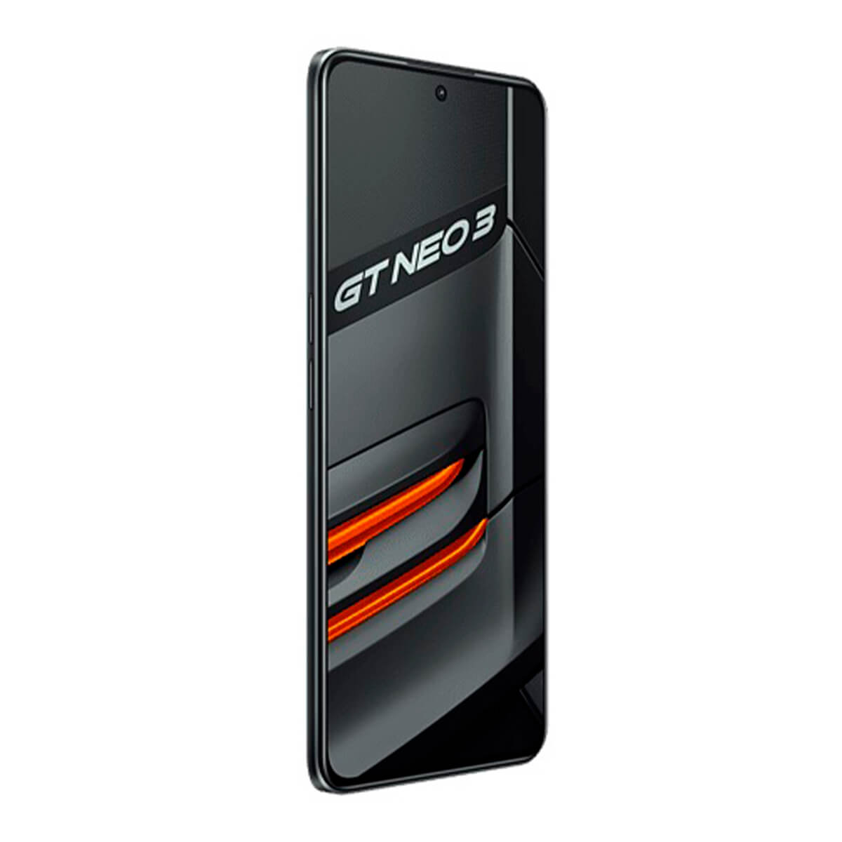 Ein schlankes schwarzes Smartphone mit dem Text 'GT NEO 3' und orangefarbenen Akzenten.