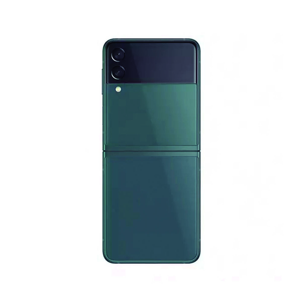 Zamknięty, ciemnozielony telefon składany z dwoma aparatami u góry.
