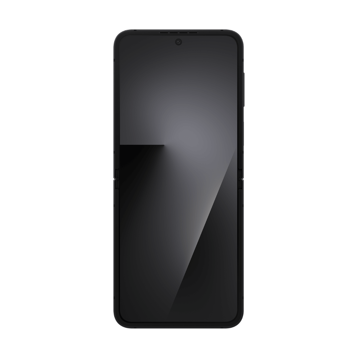 Un teléfono plegable negro con pantalla en blanco.