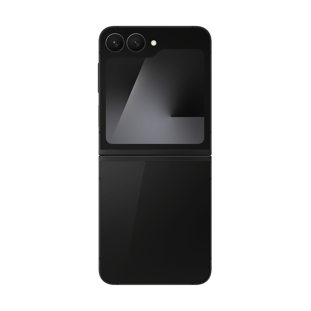 Un teléfono plegable negro cerrado con dos cámaras arriba.