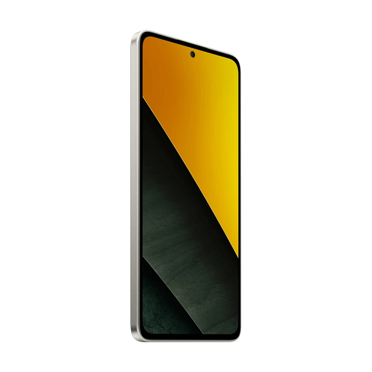 Uno smartphone argentato con schermo giallo e nero.