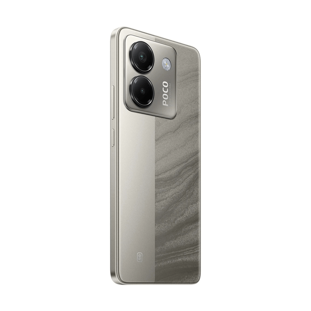 Uno smartphone argentato con logo POCO e doppia fotocamera posteriore.