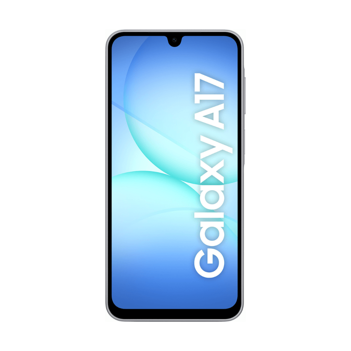 Teléfono inteligente plateado con fondo azul y texto Galaxy A17.