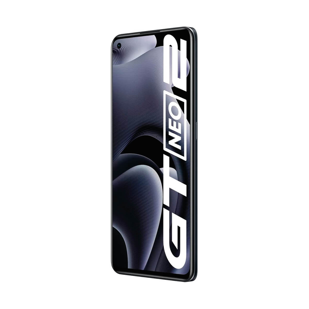 Ein dunkles Smartphone mit dem Schriftzug GT NEO 2 auf dem Bildschirm.