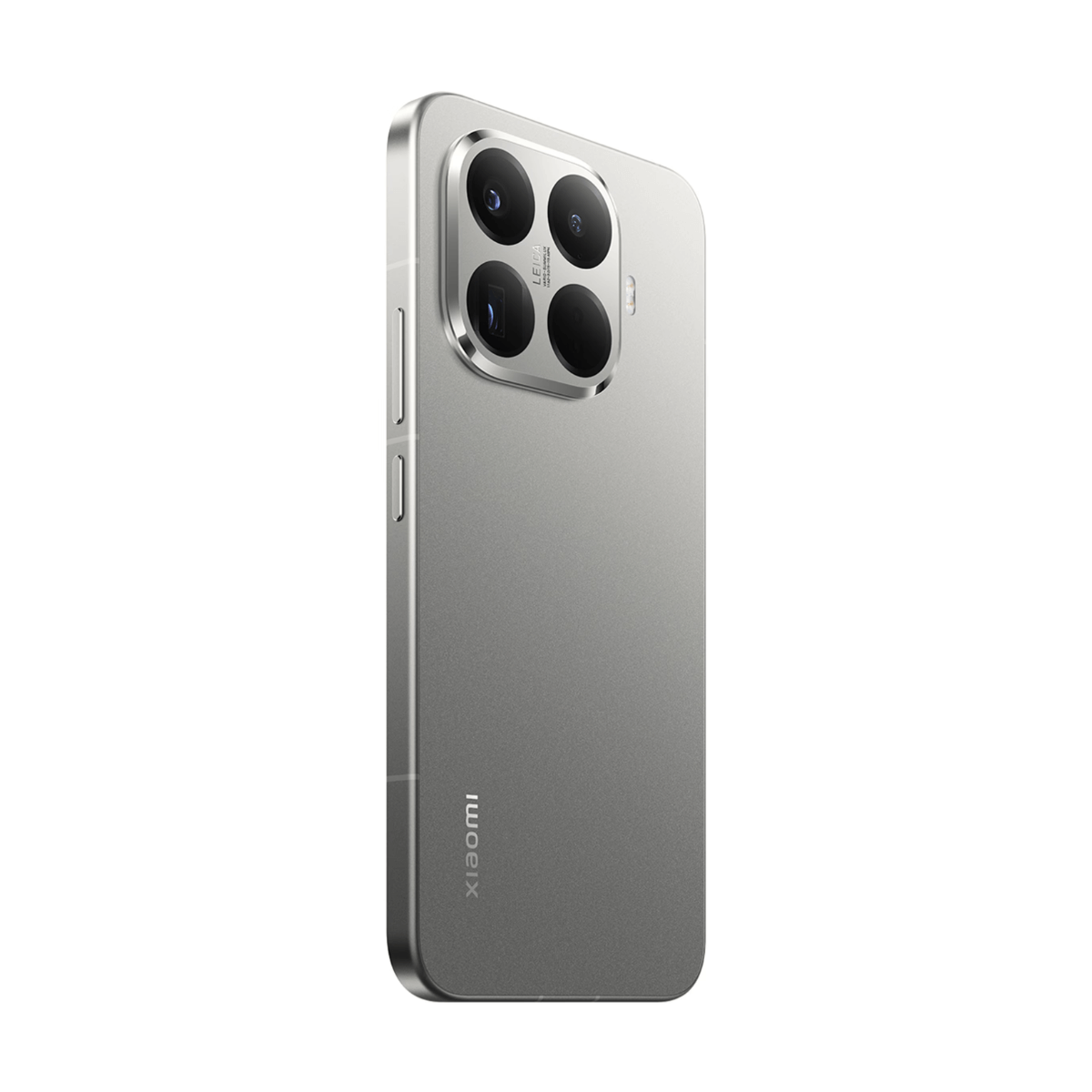 Srebrny smartfon Xiaomi, widok z tyłu z poczwórnym aparatem i marką Leica.