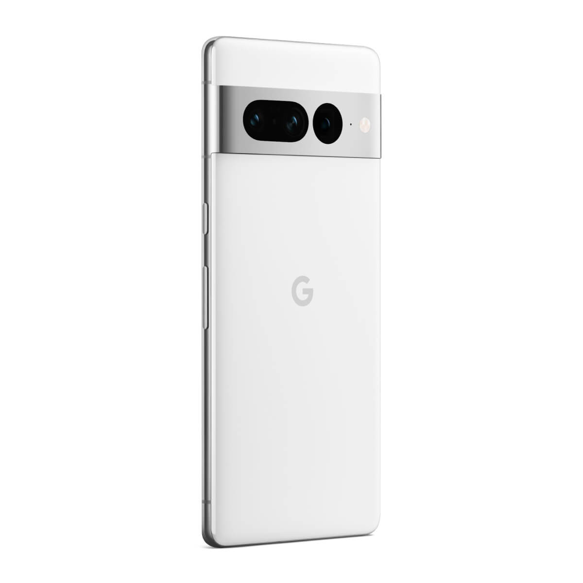 Ein weißes Google Pixel Smartphone mit drei Kameras und dem Google G-Logo.