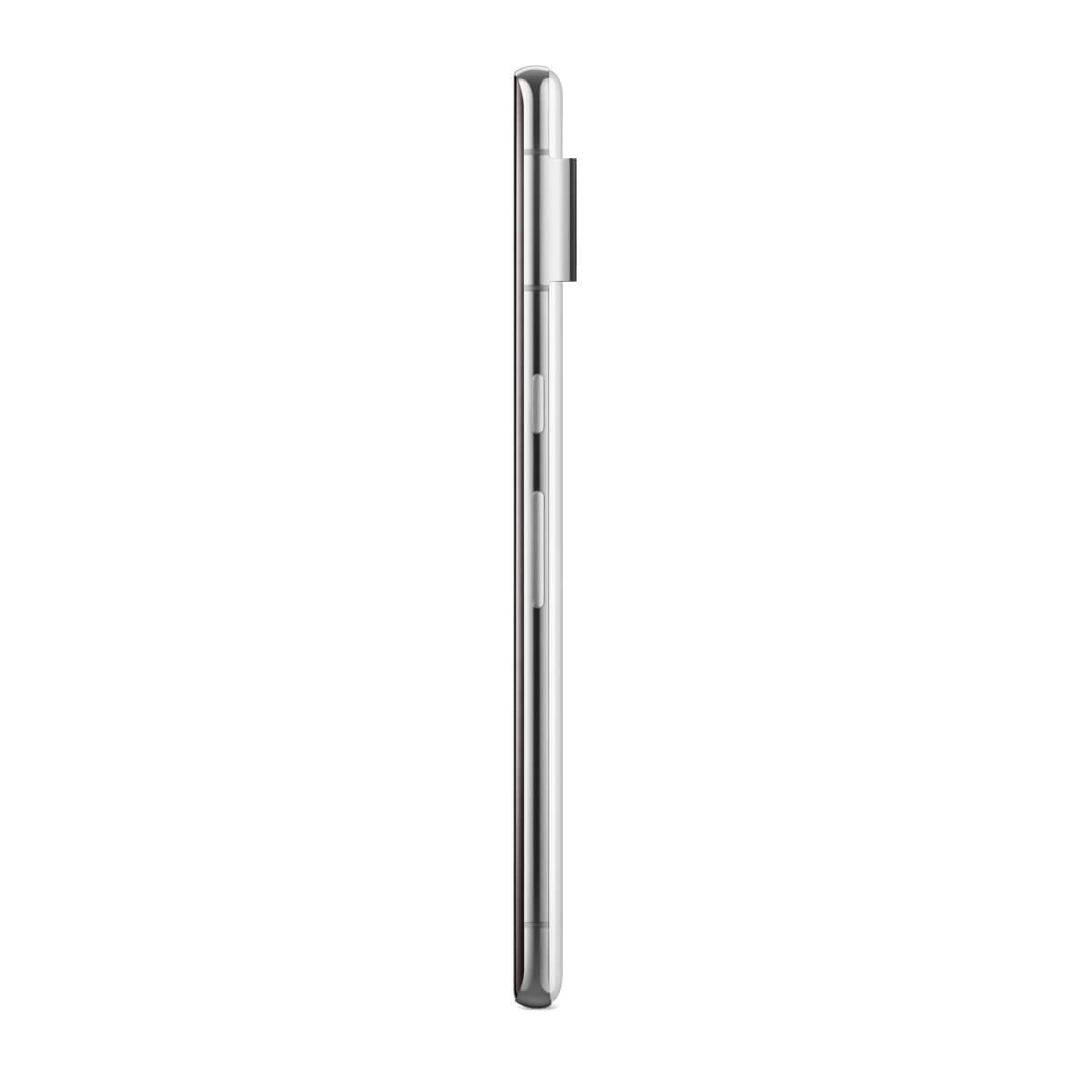 Silbernes Smartphone von der Seite mit Tasten und Kamera.