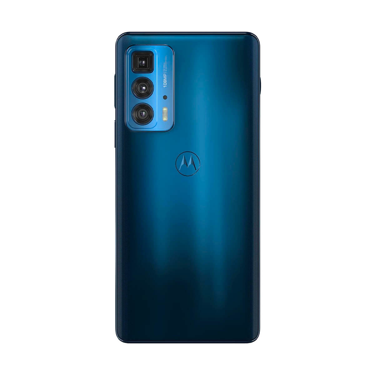 Een blauwe Motorola smartphone met drievoudige camera en Motorola-logo.