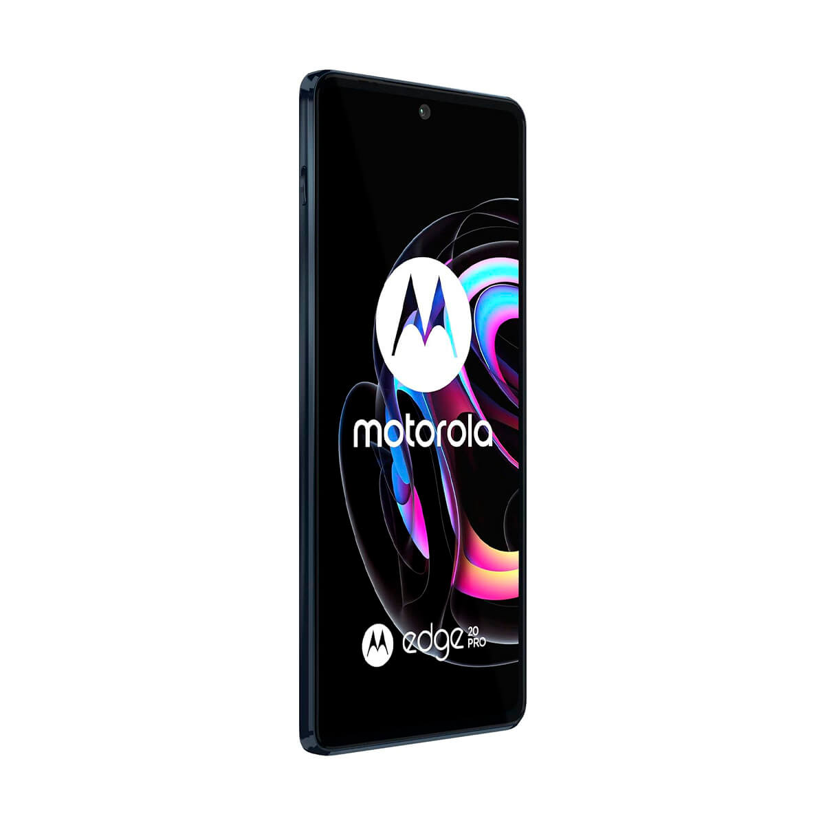 Een donkere Motorola Edge 20 Pro smartphone met een kleurrijke achtergrond op het scherm.