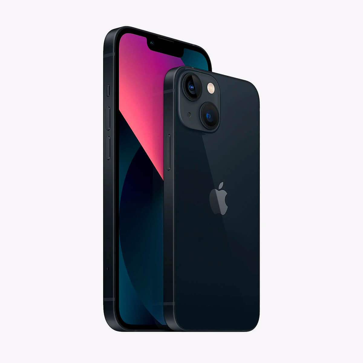 Dwa ciemnoniebieskie iPhone'y obok siebie, jeden pokazujący tył, drugi przód.