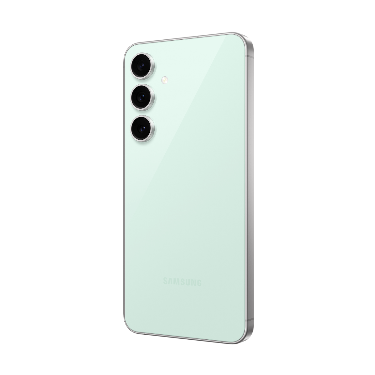Tył jasnosielonego smartfona Samsung z trzema aparatami, na białym tle.