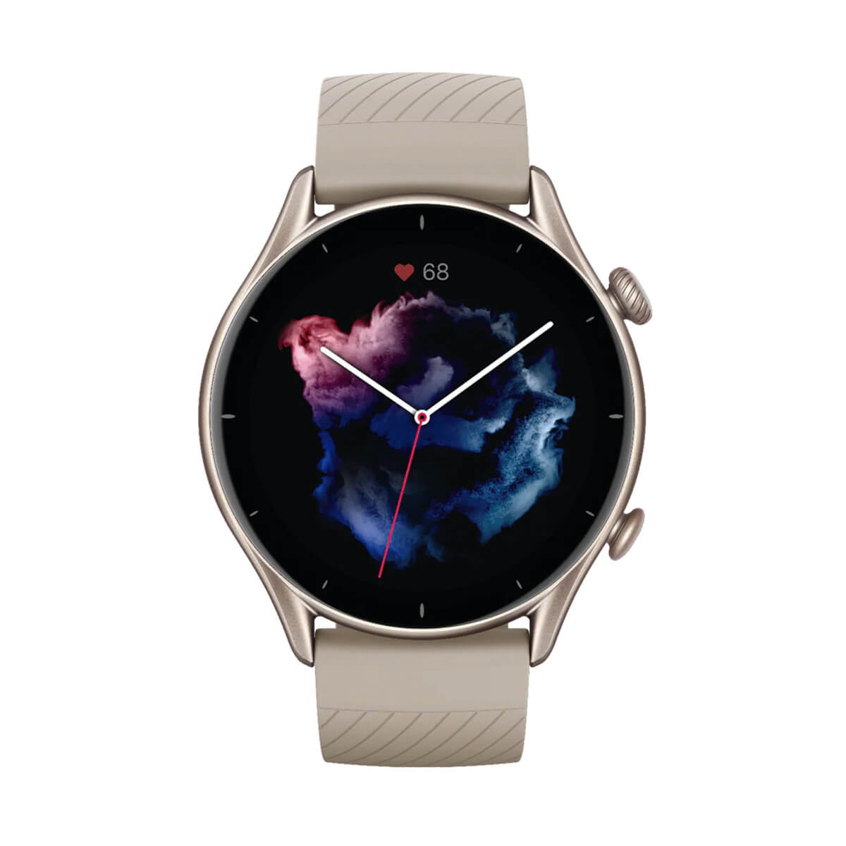 Eine goldene Smartwatch mit beigem Armband und einem Zifferblatt mit Herzfrequenzanzeige.