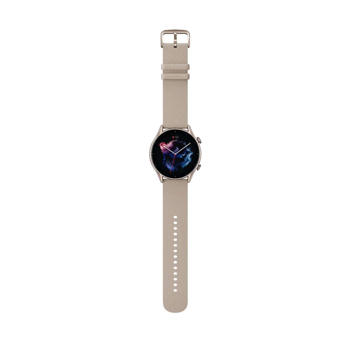 Eine helle Smartwatch mit einem runden Zifferblatt und einem beigefarbenen Armband.