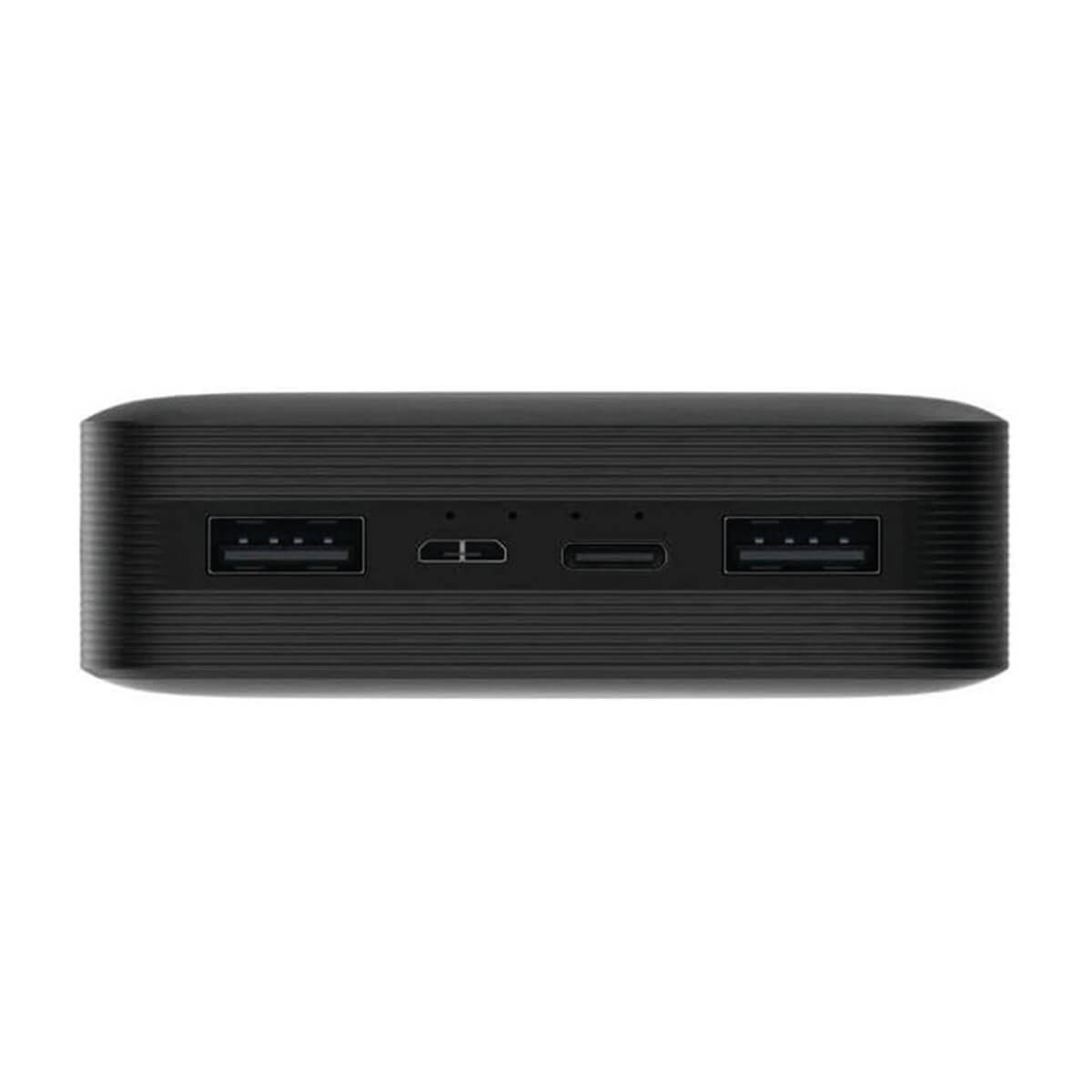 Batería externa negra con dos puertos USB-A, un puerto USB-C y luces indicadoras.