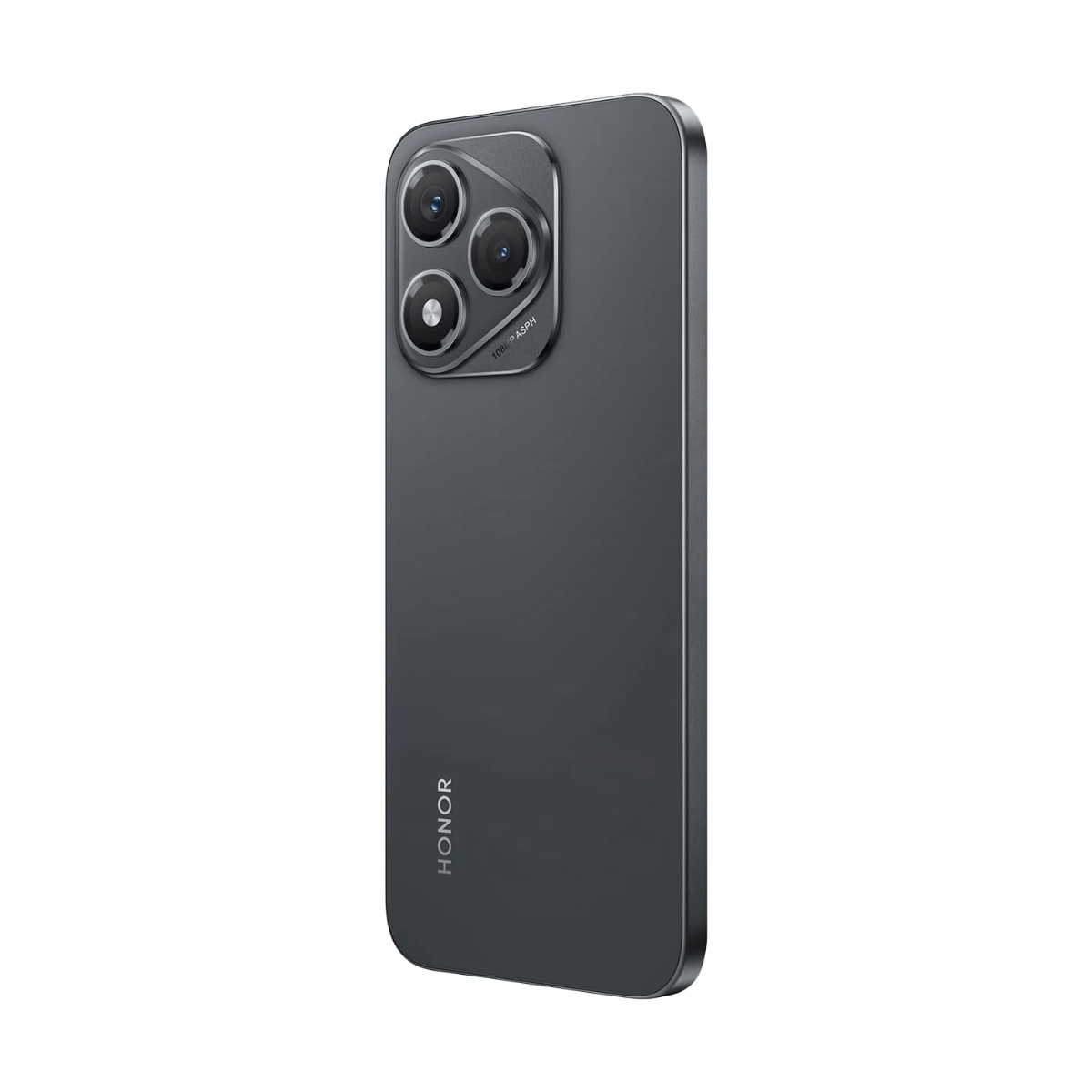 Dunkelgraues Honor Smartphone mit dreifacher Kamera und 108MP-ASPH-Aufschrift.