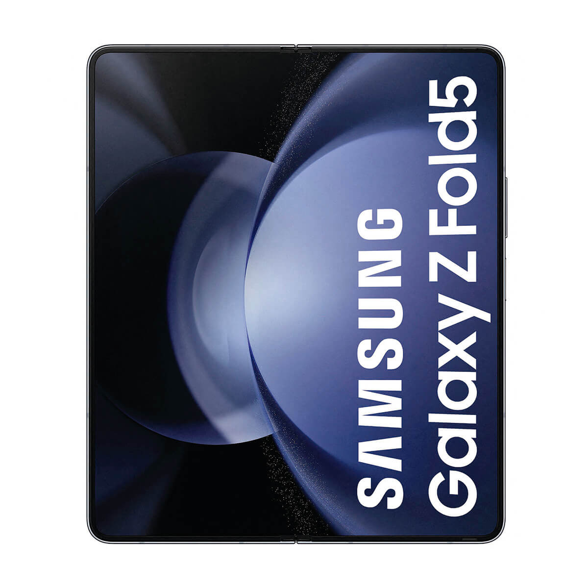 Gefaltetes Samsung Galaxy Z Fold5 Handy mit Samsung-Logo und Text auf dunkelblauem Hintergrund.