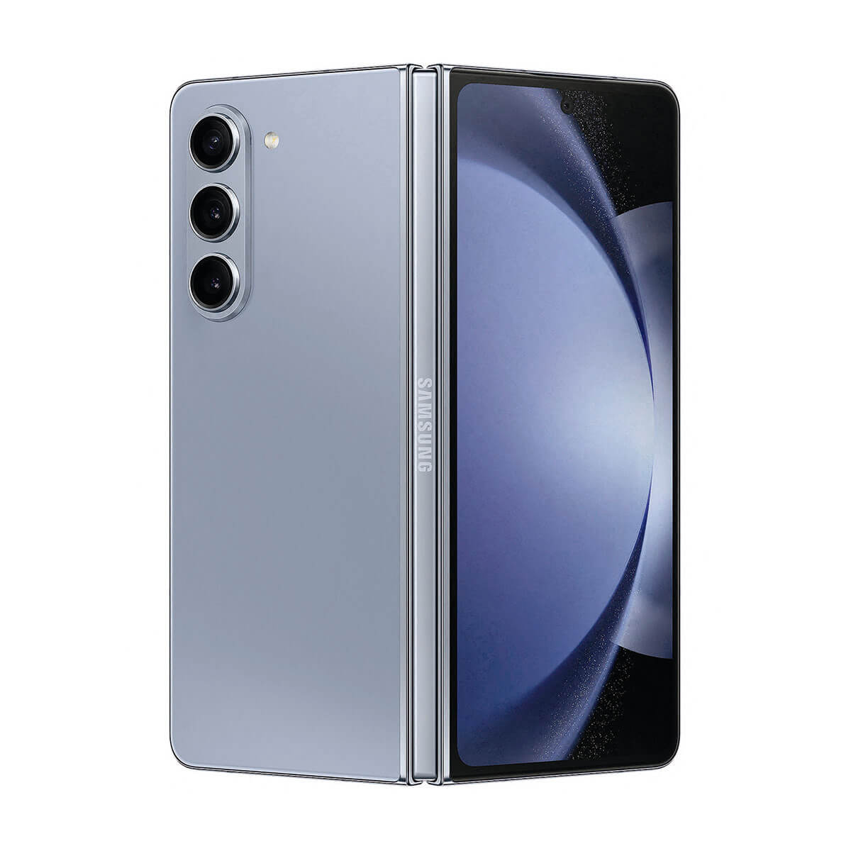 Ein blaues Samsung Falt-Smartphone im Hochformat mit drei Kameras auf der Rückseite.