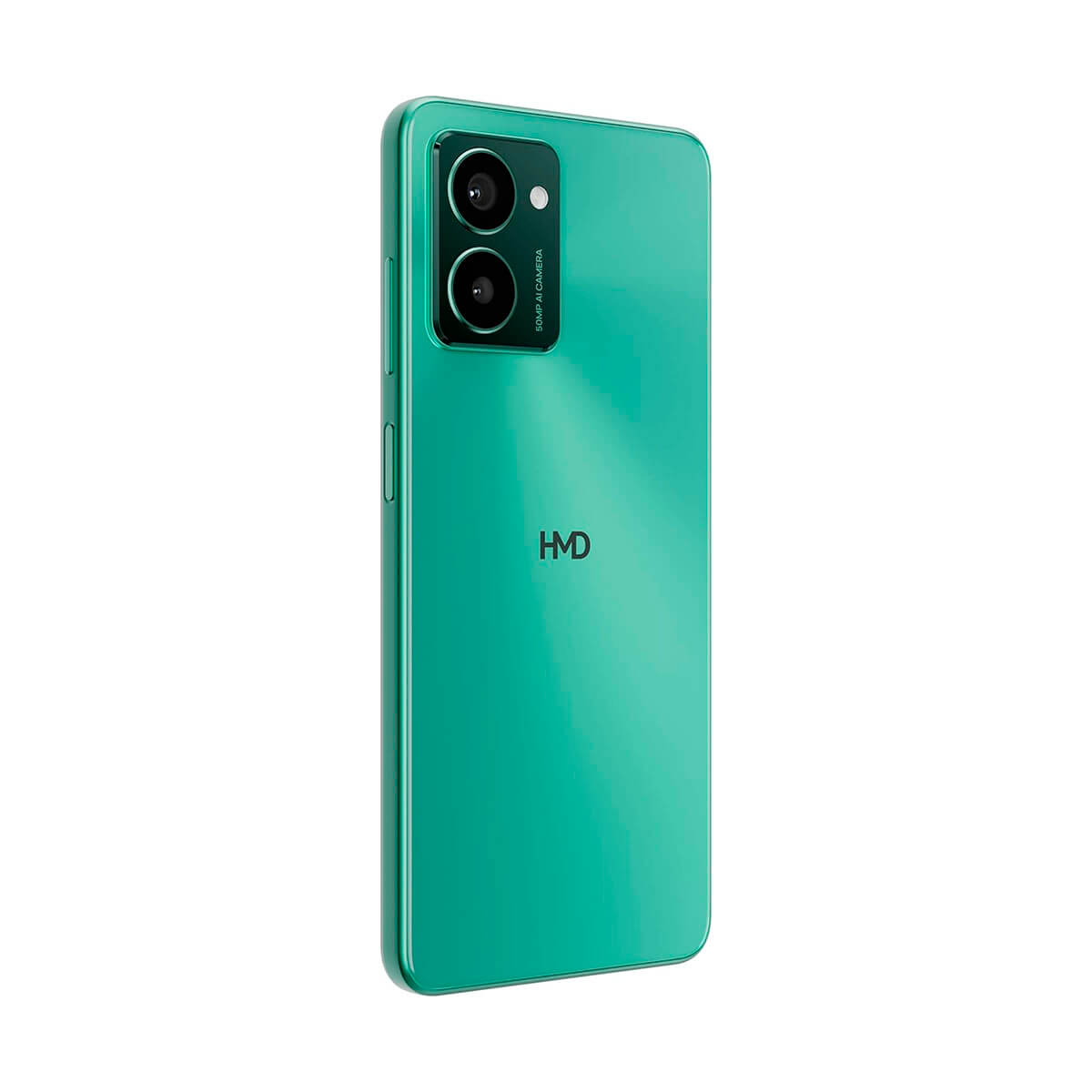 Ein türkisfarbener Smartphone-Rücken mit zwei Kameras und HMD-Logo.