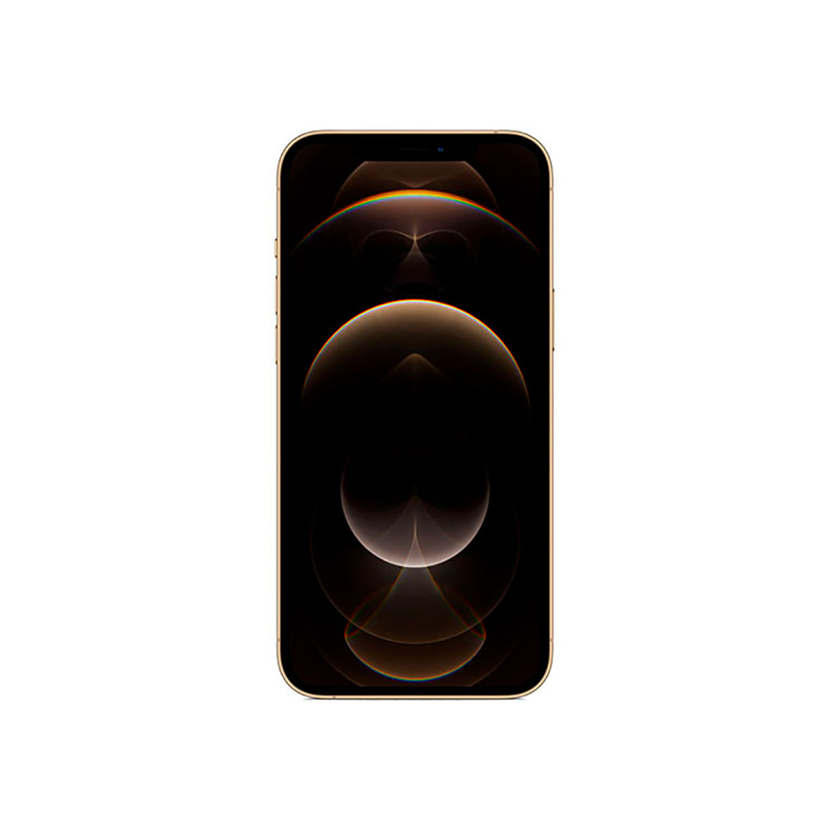 Złoty iPhone z ciemnym ekranem wyświetlającym abstrakcyjne wzory świetlne.