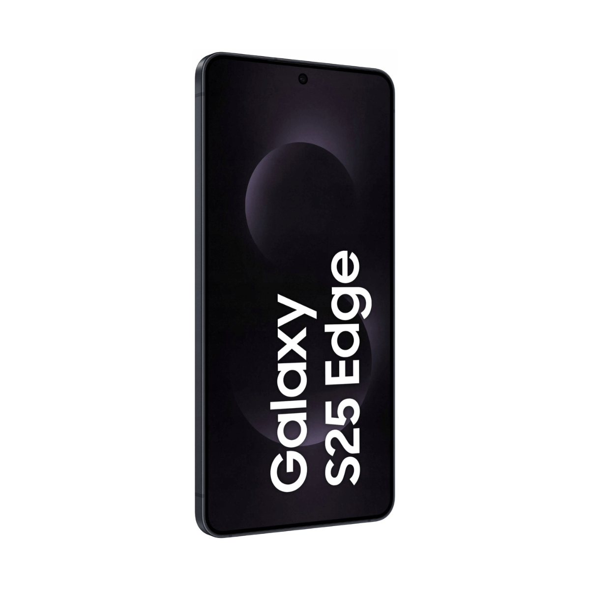 Ciemny smartfon wyświetla tekst "Galaxy S25 Edge" na ekranie.