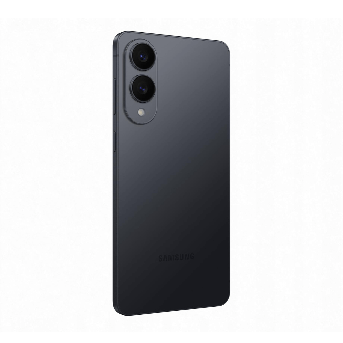Ciemnoszary smartfon Samsung, widok z tyłu w pionie, z podwójnym aparatem i lampą błyskową.