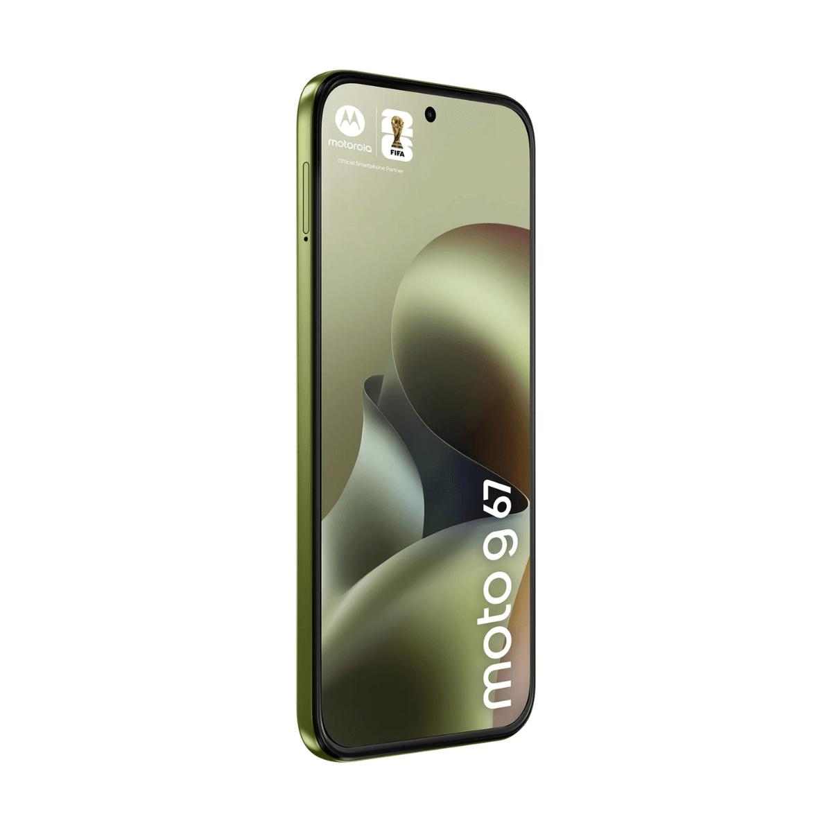 Een groene Motorola Moto G 67 smartphone met FIFA-logo op het scherm.
