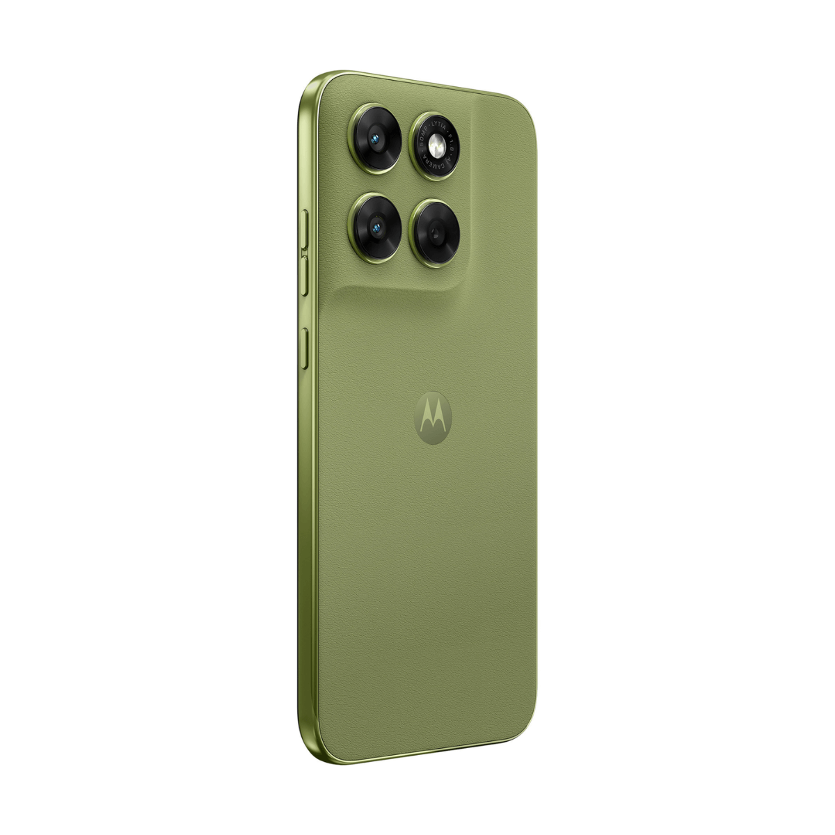 Achterkant van een olijfgroene Motorola smartphone met vier camera's en M-logo.