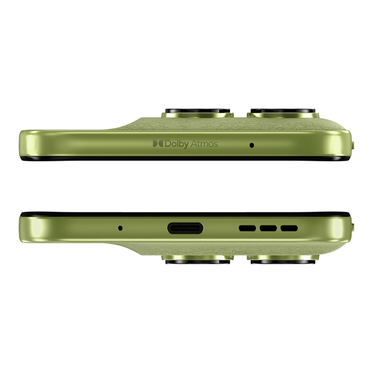 Boven- en onderaanzichten van een lichtgroene smartphone met Dolby Atmos-logo.