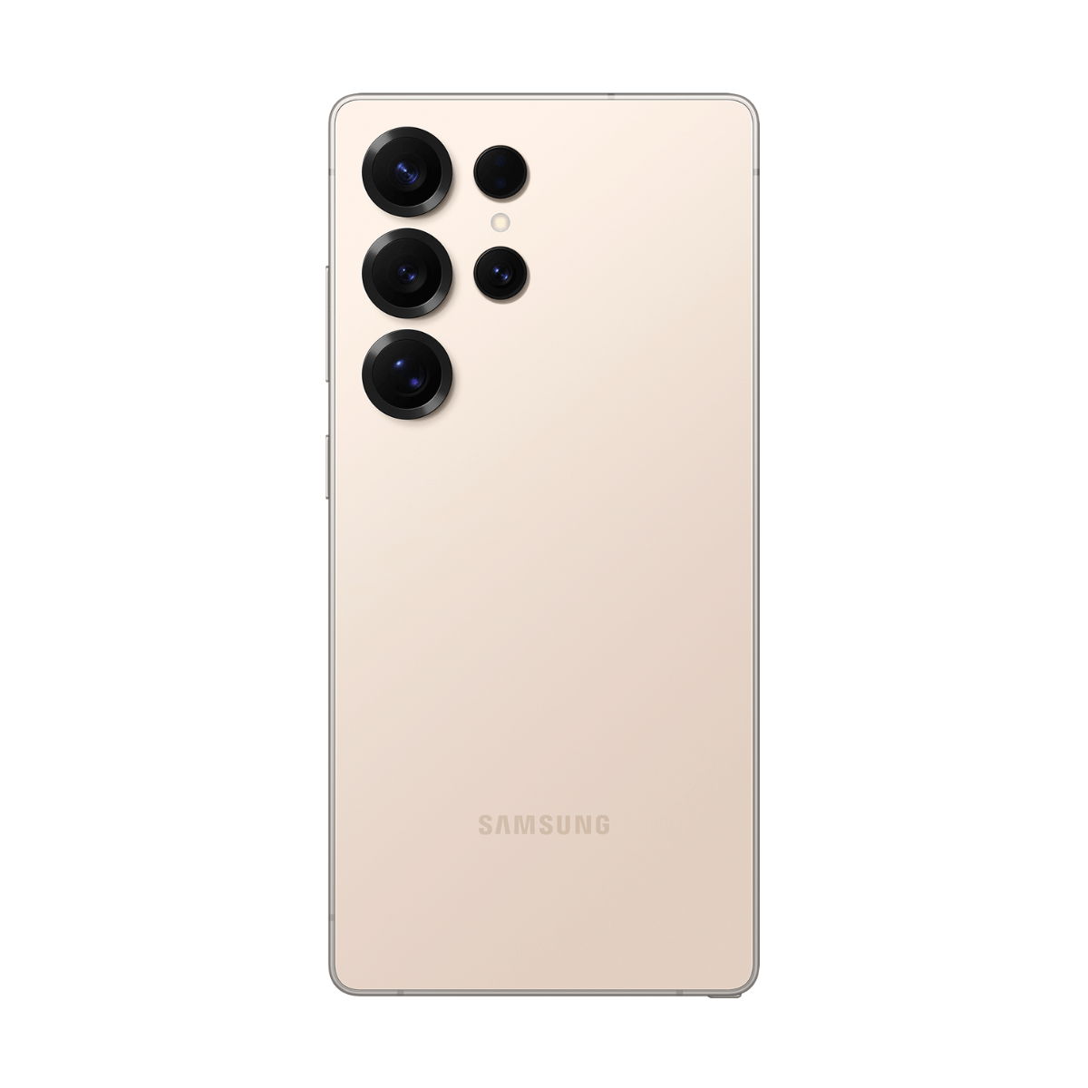 Tył jasnobeżowego smartfona z czterema obiektywami aparatu i logo Samsung.