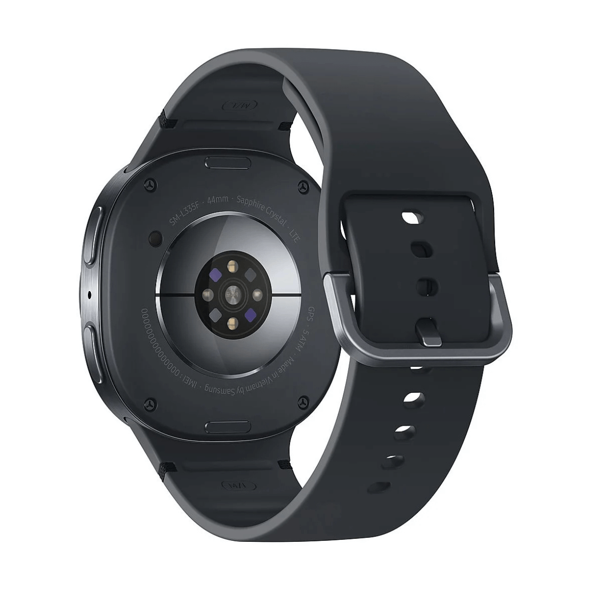 Achterkant van een zwarte smartwatch met een zwart bandje. Sensoren en details zichtbaar.