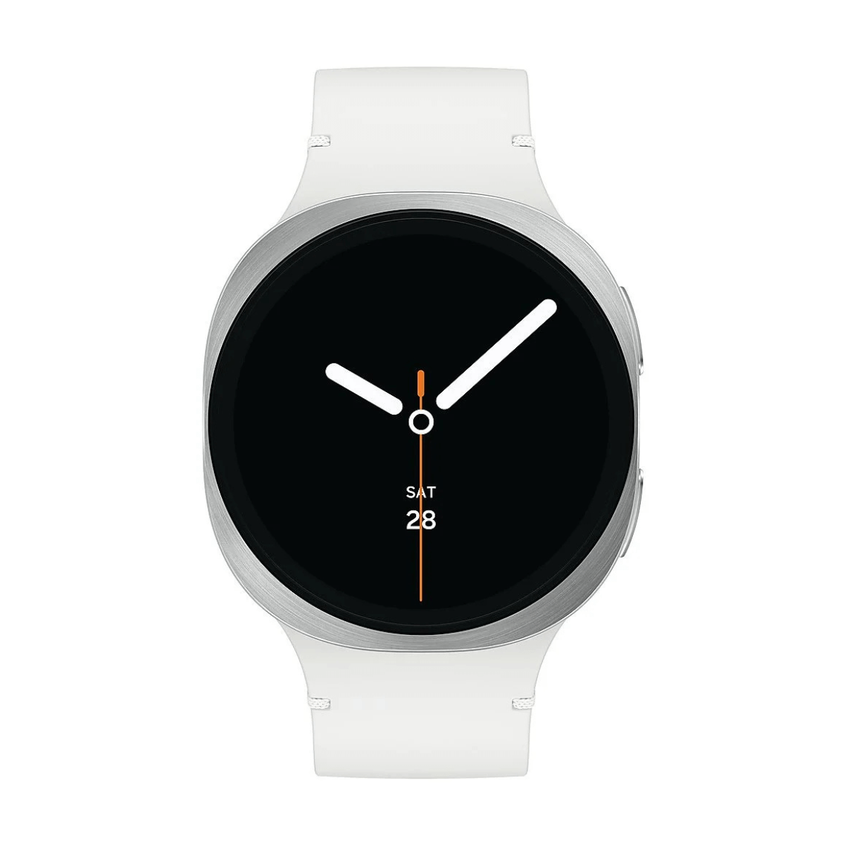 Orologio smart bianco con ghiera argentata e quadrante nero che mostra Sab 28.