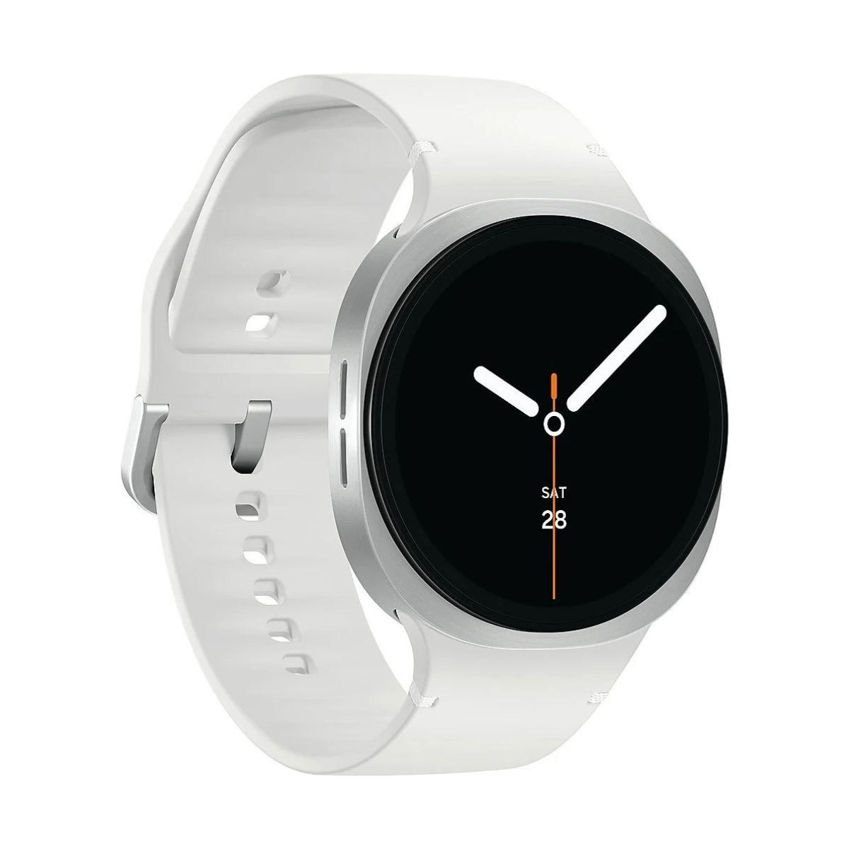 Uno smartwatch bianco con cassa argentata e display digitale nero.