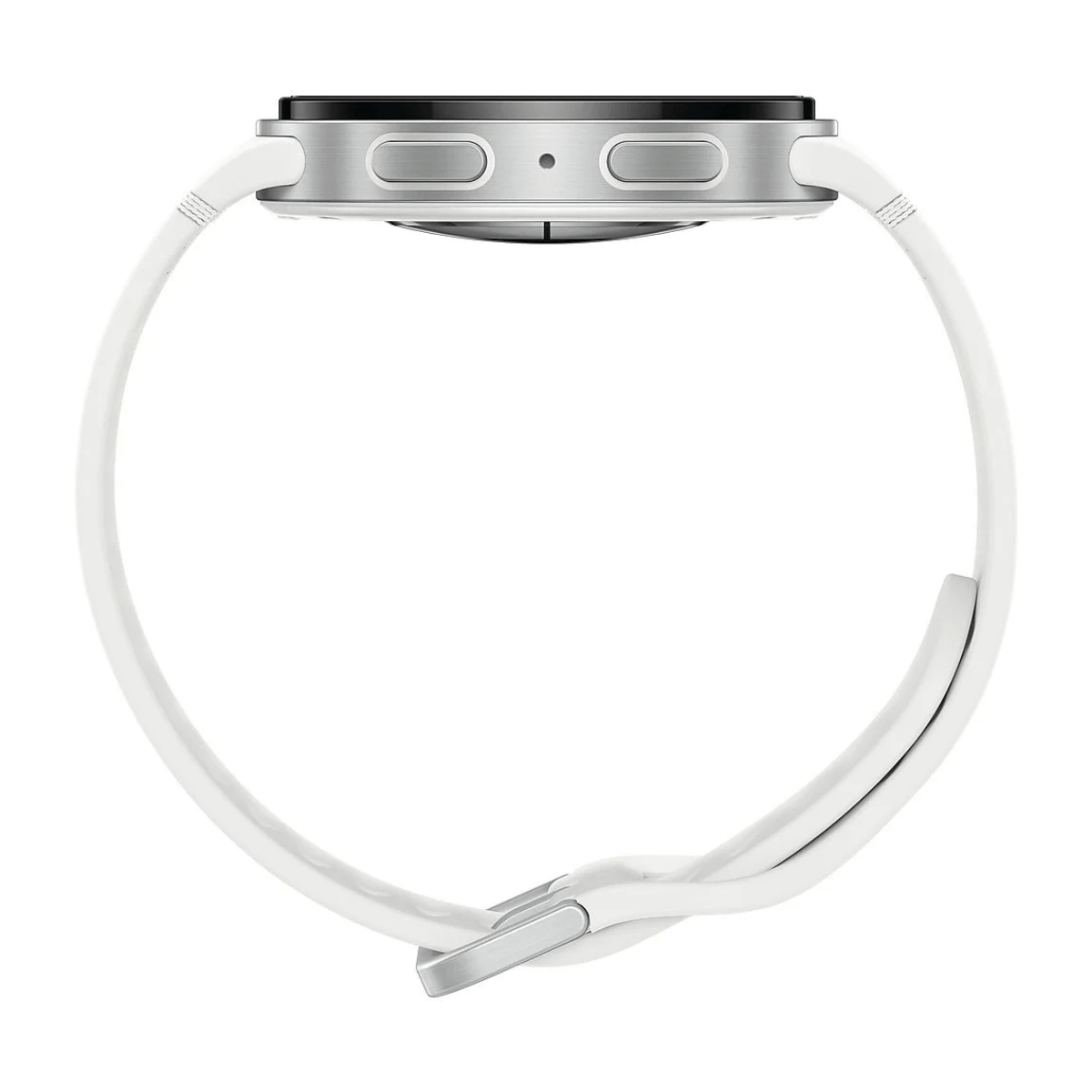 Uno smartwatch bianco con cassa e pulsanti argentati, su sfondo bianco.
