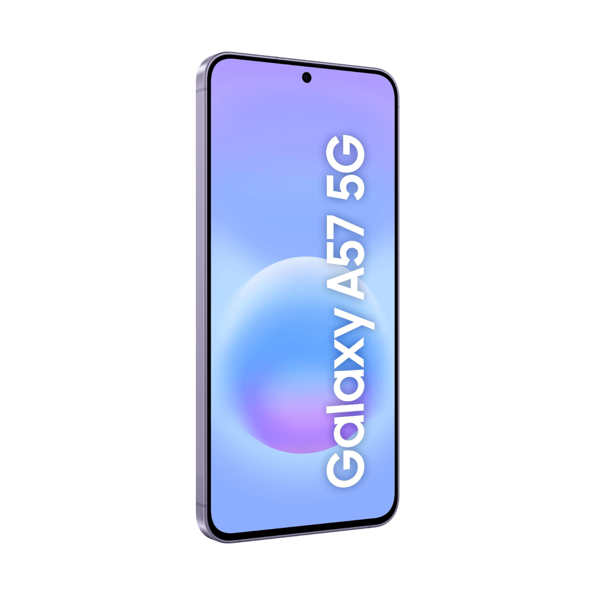 Smartfon Samsung Galaxy A57 5G z fioletowym tłem i okrągłym wzorem.