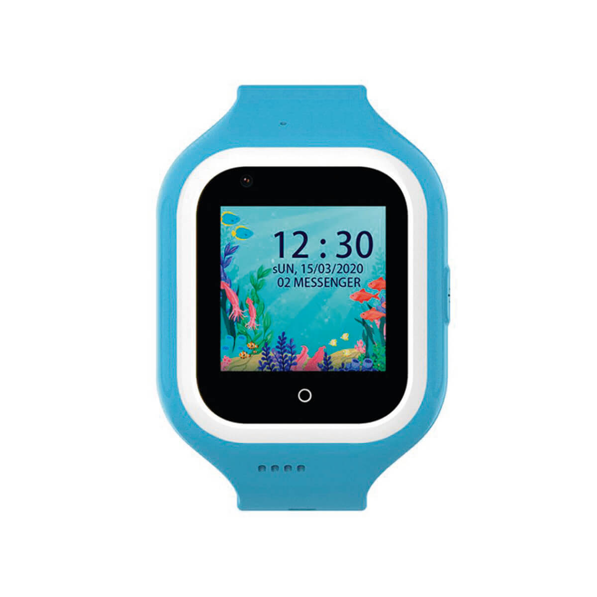 Reloj inteligente azul con pantalla submarina mostrando la hora 12:30.
