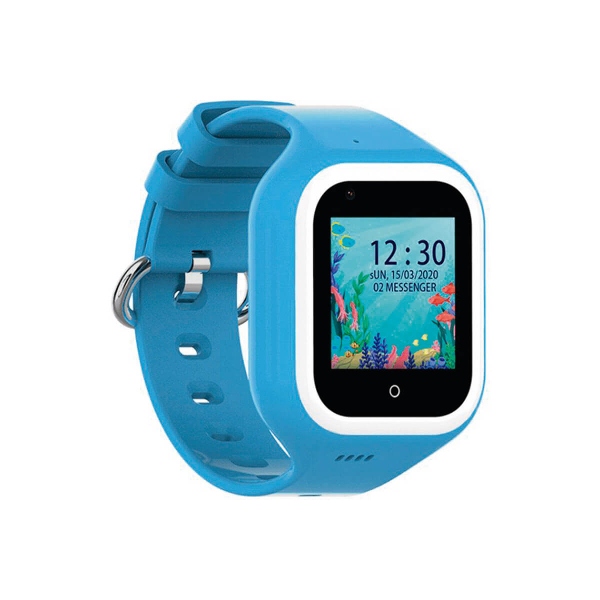 Un reloj inteligente azul muestra una escena submarina con la hora 12:30.