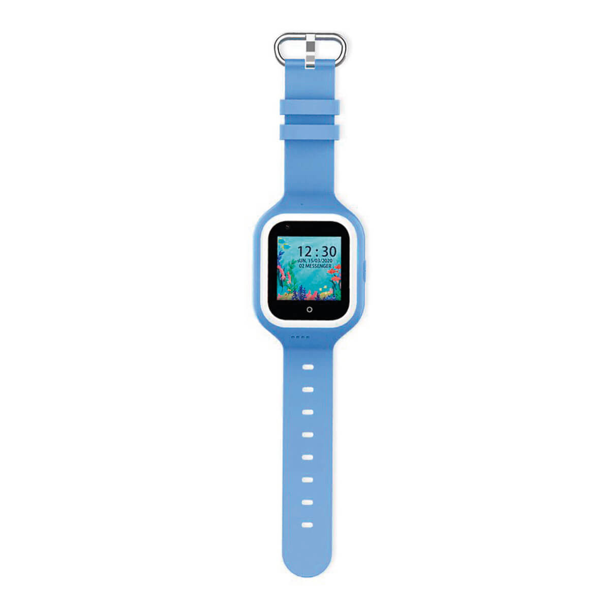 Un reloj inteligente azul claro con pantalla colorida que muestra una escena submarina.