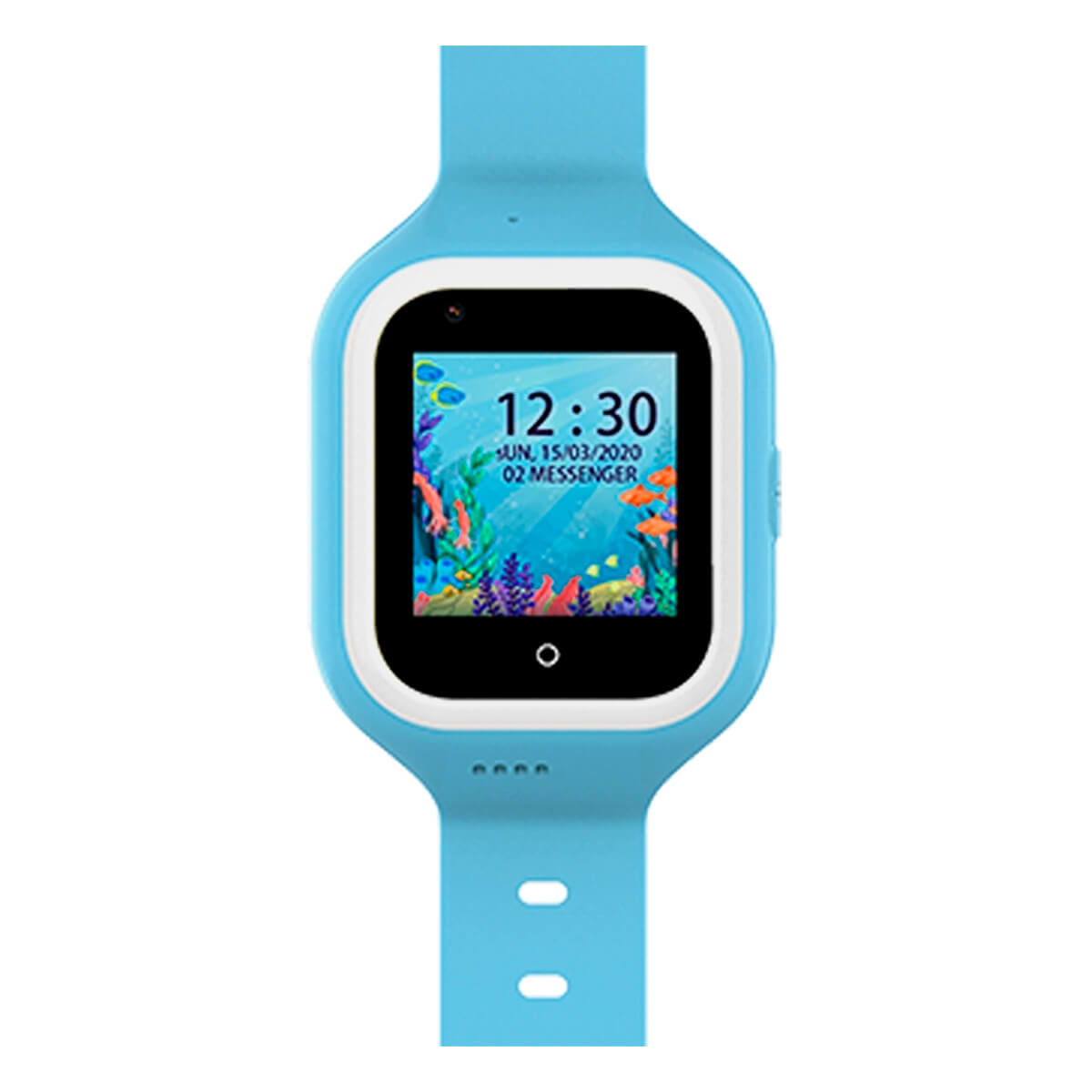 Un reloj inteligente azul con pantalla submarina colorida muestra las 12:30.