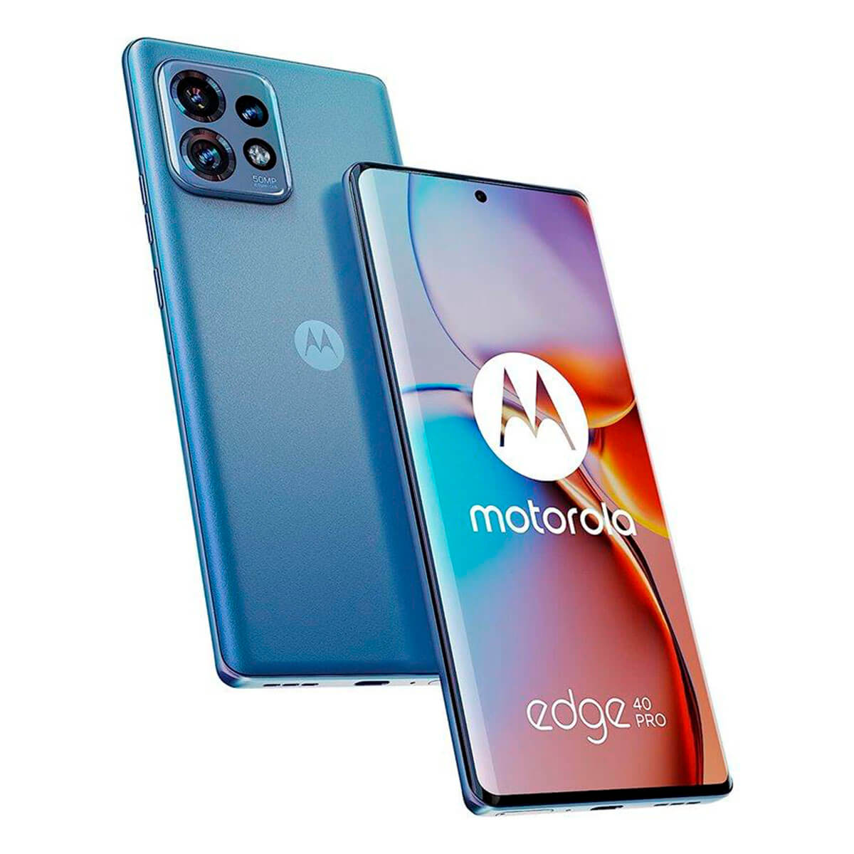 Een blauwe Motorola Edge 40 Pro telefoon met camera en schermlogo.