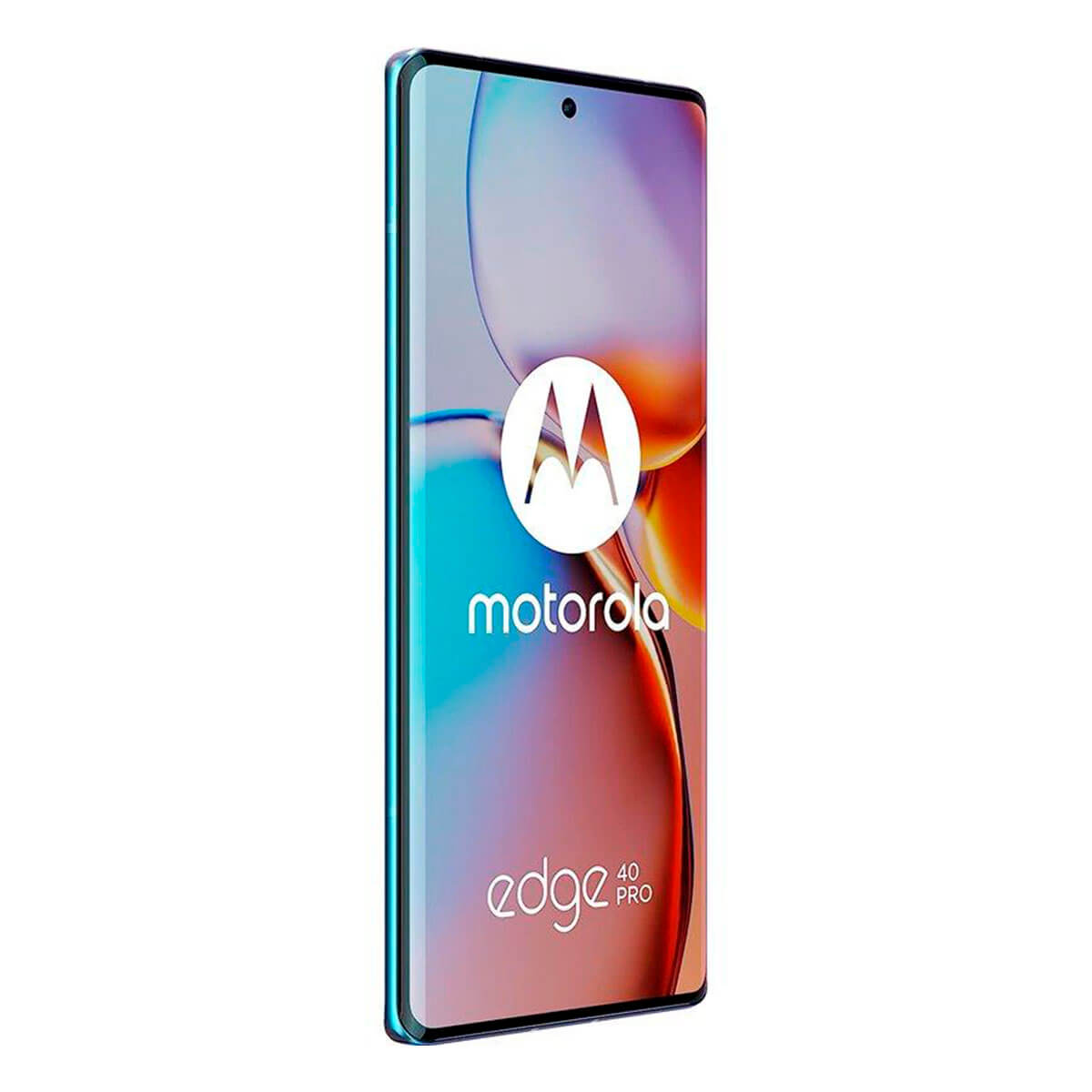 Een Motorola Edge 40 Pro smartphone met het Motorola-logo op het scherm.